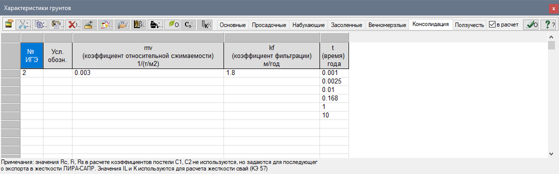 Вкладка “Консолидация” в диалоговом окне “Характеристики грунтов” Вкладка “Консолидация” в диалоговом окне “Характеристики грунтов”