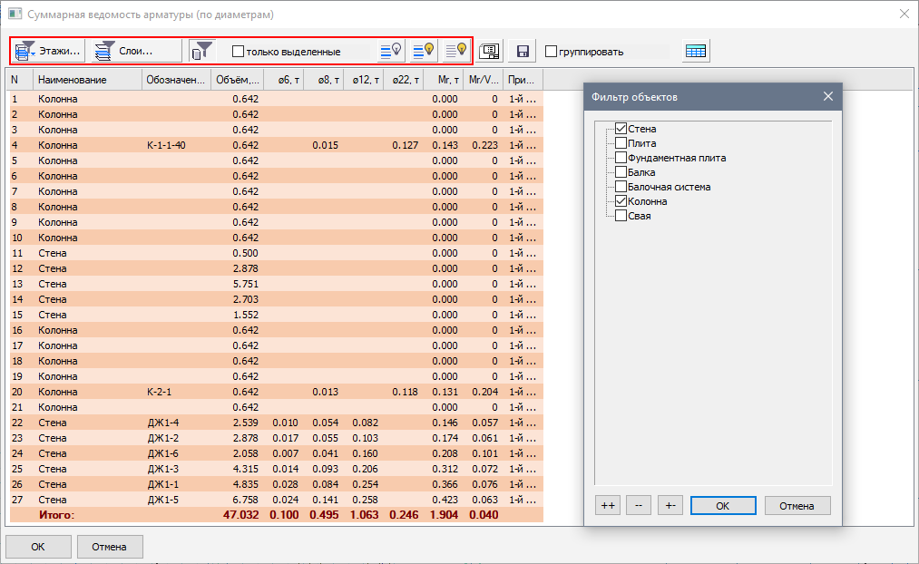 Суммарная ведомость арматуры - Фильтры Суммарная ведомость арматуры - Фильтры
